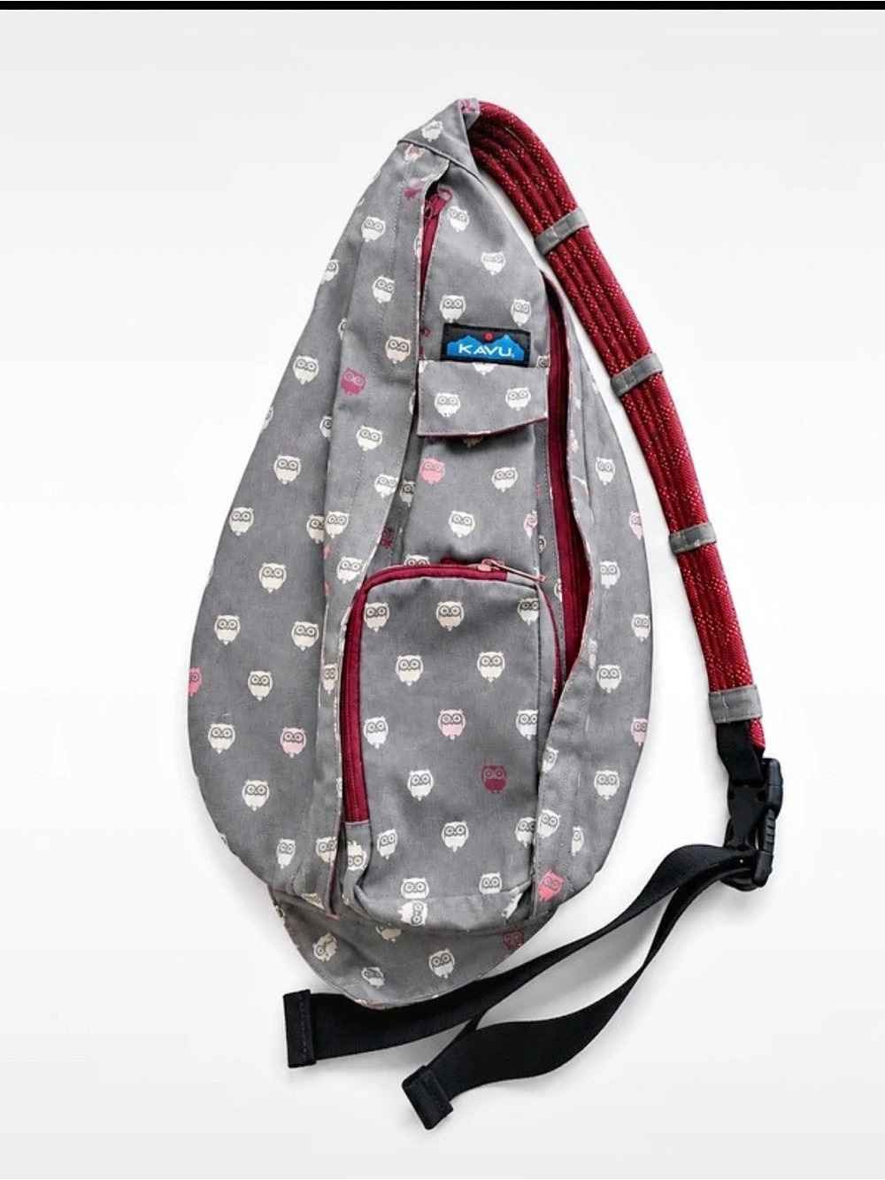 KAVU Rope Bag Printed Sling Backpack in Gray & Red